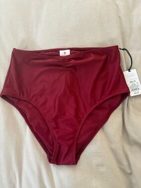Shade & Shore High-Waist Ruched Bikini Bottoms in Burgundy